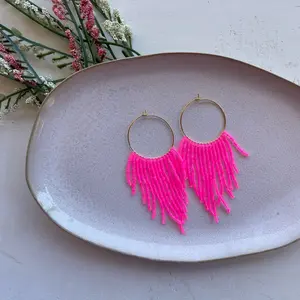 Hot pink beaded hoops, lightweight jewelry, hand beaded earrings, pink hoop dangle earrings, hypoallergenic