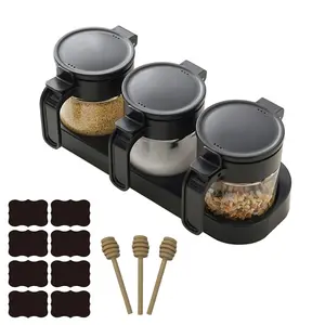 Clear Glass Condiment Spice Jars With Label,Wall Mount Sealing Honey Pot,8.8oz Seasoning Box With Lids,Spoons,Tray And Honey Stick,Wide Mouth Easy To Clean And Refill