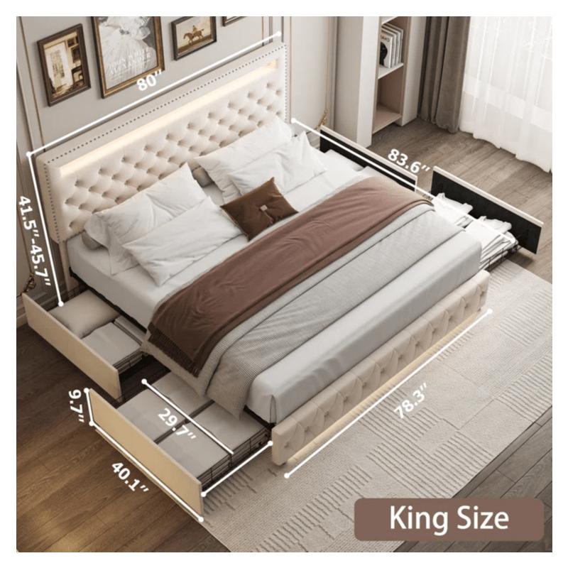 GEGOFORU LED Bed Frame King Size with Storage Drawers, Upholstered Modern Platform Bed, RGB Lights, No Box Spring Needed, Perfect Gift