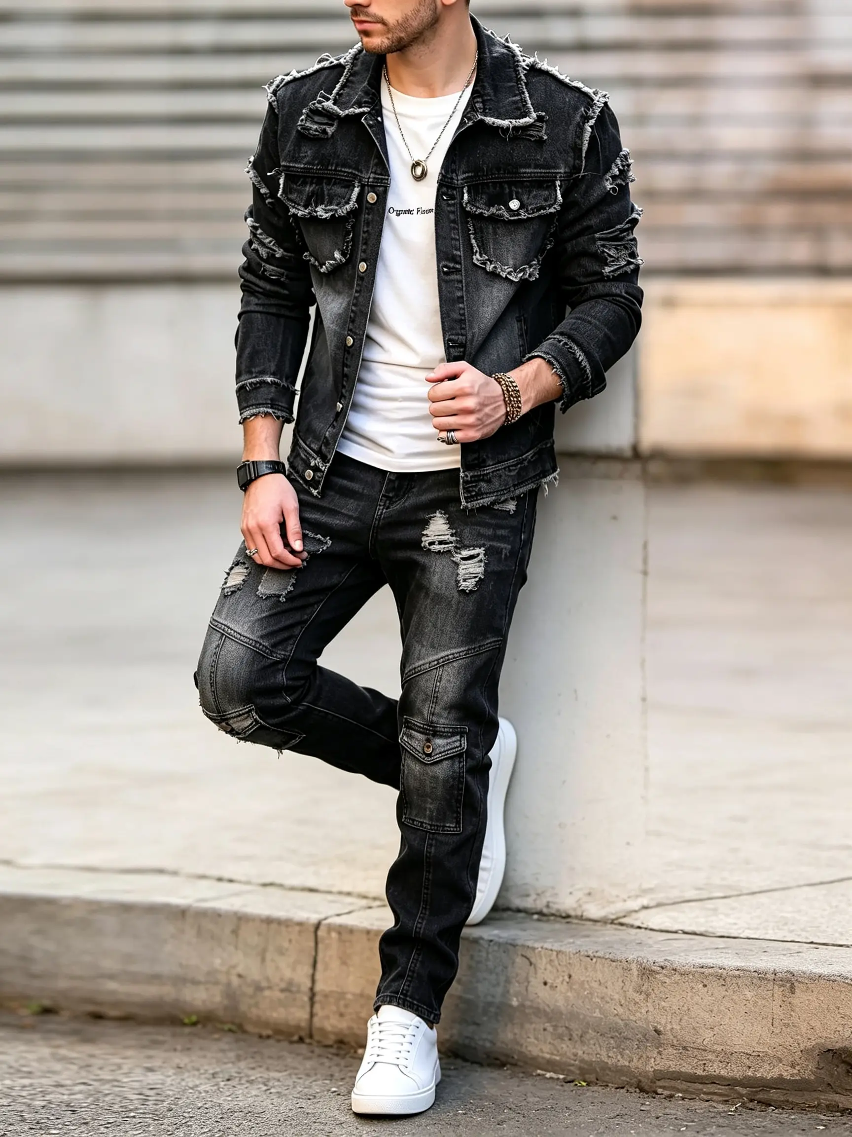 Distressed light black retro Menswar denim jacket, ripped and frayed men's jacket, heavy retro washed worn-out streetwear, men's jacket, outdoor casual fashion denim top, black denim jacket