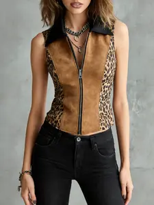 Women's Faux Suede Leopard Print Vest, Sleeveless Collared Zip-Up Crop Top, Western Retro Streetwear Outfit, Ladies Casual Tank Top, Womenswear, Edgy Leopard Panel Vest for Party & Daily Wear