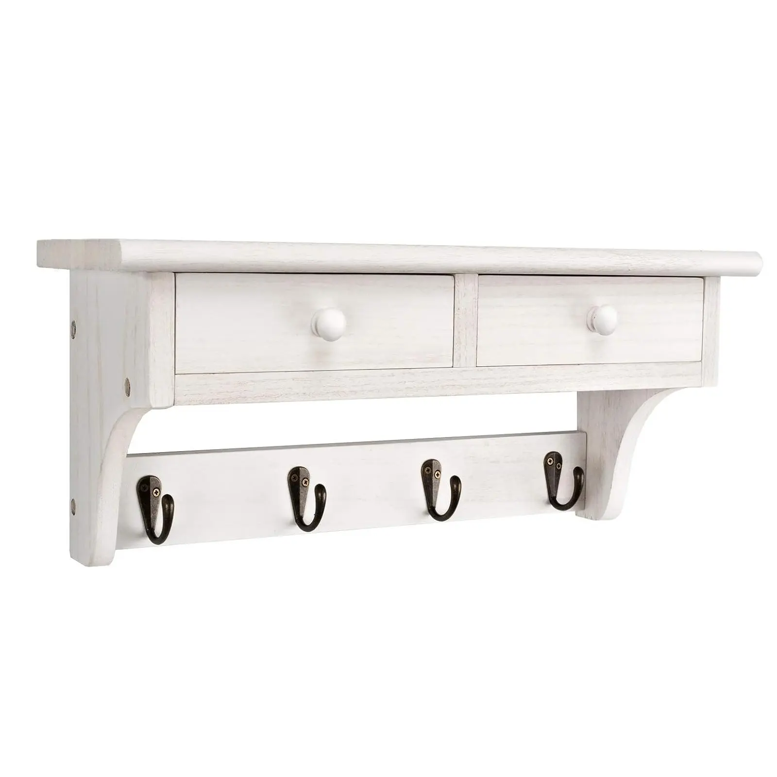 Wall Mounted Coat Rack with Shelf for Entryway, Rustic Wood Coat Hooks, Farmhouse Floating Wall Shelf with Metal Hooks for Hats, Bags, Keys, Towels, Dog Leash, Bedroom, Mudroom, Bathroom, White, 17 Inch