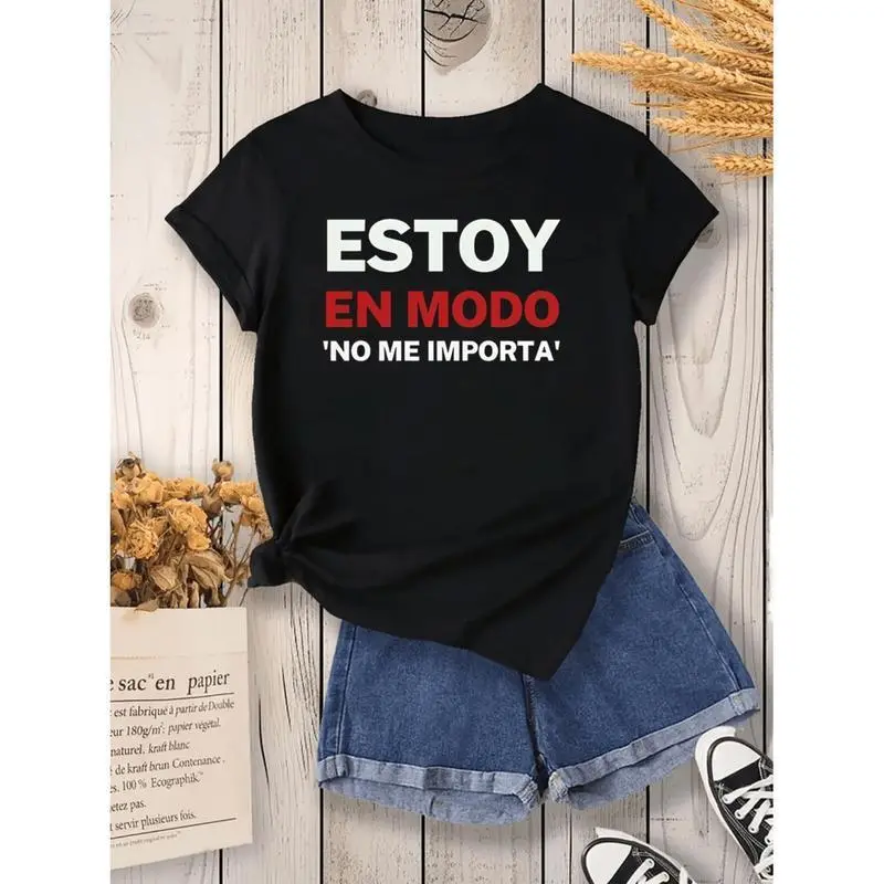 1pc Women's Casual Short Sleeve T-Shirt - Bold Spanish "Estoy en Modo No Me Importa" Print, Black with White & Red Text, Round Neck, Machine Washable, All-Season Comfort, T-shirt Stylish, Everyday Clothing, Relaxed Fit Tee, Comfor funny graphic tee