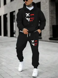 Men's spring and autumn thin hoodie and sweatpants set with a personalized smiley face print pattern. Stylish casual men's clothing with pockets, street sports style, elastic waistband drawstring long pants two-piece set, suitable as a gift for husband or