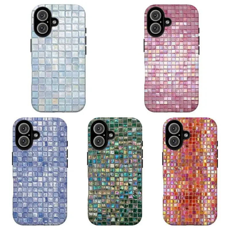 FL-Iridescent Mosaic Tile Phone Case,Iridescent Square Grid Protective Cover For iPhone 11 12 13 14 15 16 17 Air Pro Max