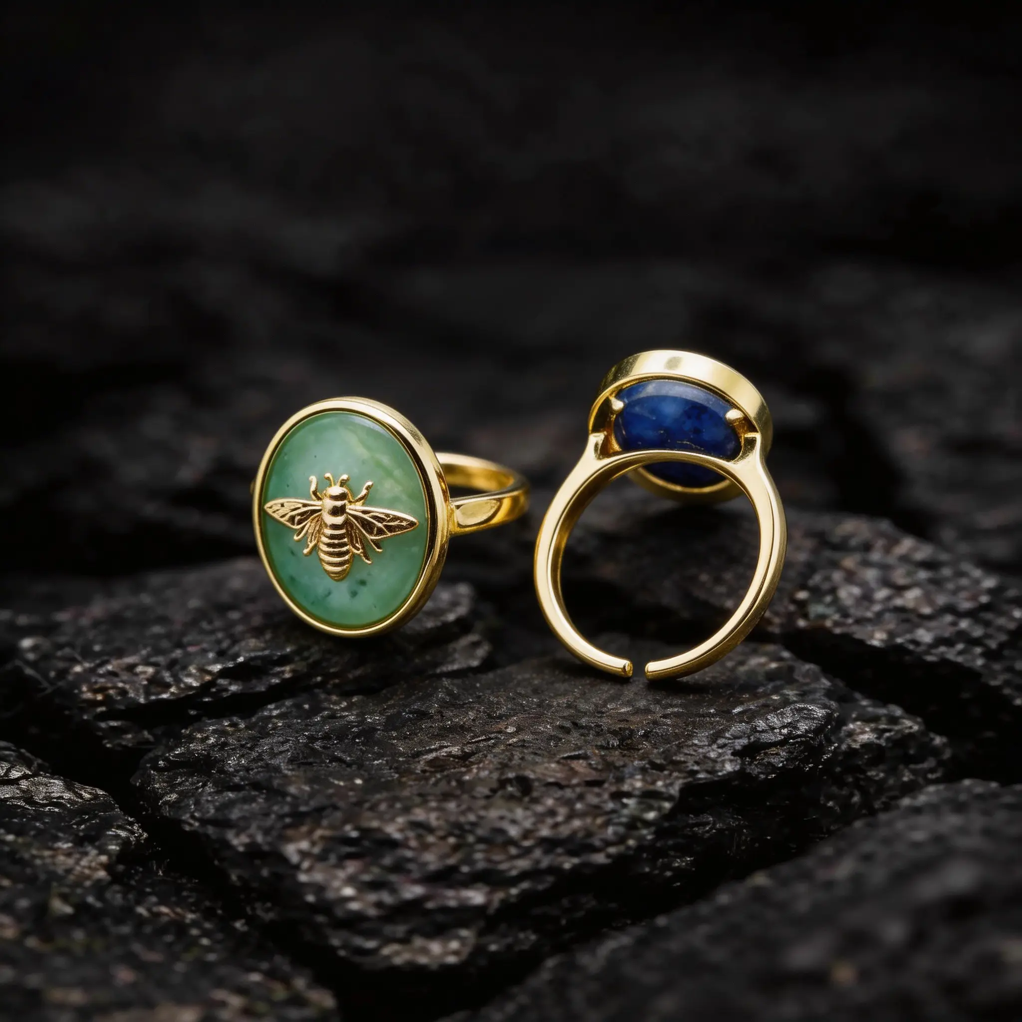 Adjustable Golden Bee Crystal Ring - Colored Gemstone Ring with Green Aventurine, Lapis Lazuli, Rose Quartz, Obsidian, Malachite, Labradorite, Crystal Rings, Colored Gemstone Rings
