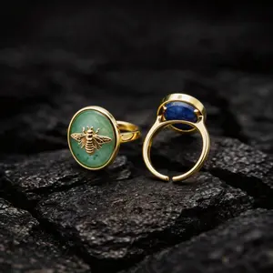 Golden Bee Crystal Ring Adjustable Ring Green Aventurine Lapis Lazuli Rose Quartz Obsidian Malachite Labradorite