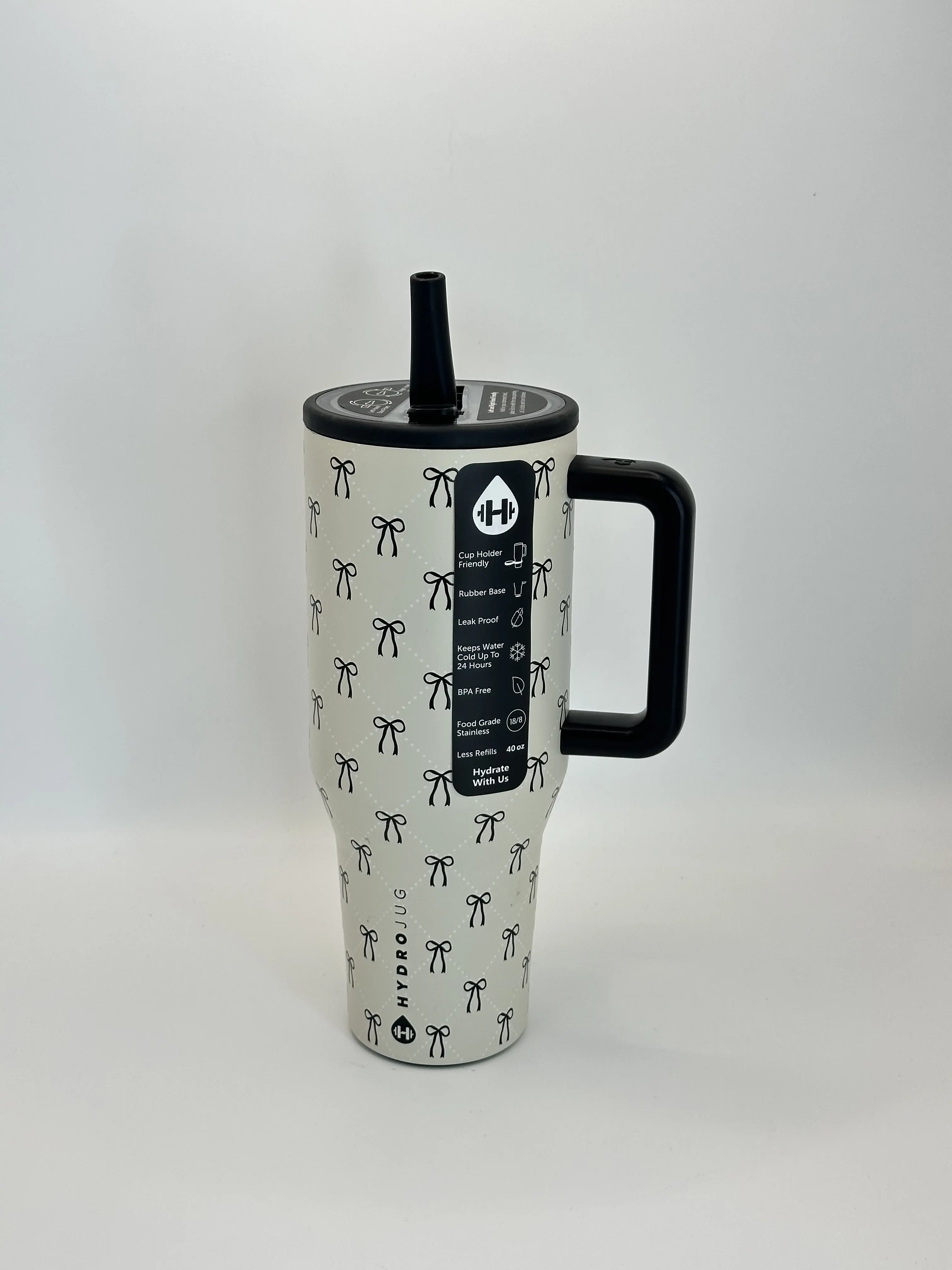 HydroJug 40oz Large Capacity Insulated Vacuum Flask - Stylish Portable Water Bottle with Straw, Tiny Black Ribbon Bow Print, Fits Car Cup Holders, Ideal for Sports, Outdoor Use, Perfect Gift for Adults