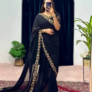 Gown Saree 1-Min Ready to Wear Premium Faux Georgette with Embroidery Lace Full Flair Stitched Saree-Gown Size 38