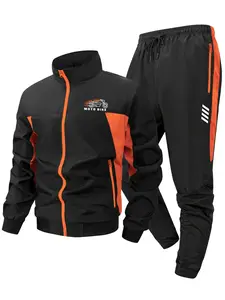 Moto Bike Print Colorblock Patchwork Tracksuit for Men, Spring & Fall Quick-Dry Breathable Sports Set, Sportswear Set, Windproof Stand Collar Long Sleeve Jacket, Zip Up Coat + Drawstring Elastic Waist Pants with Zipper Pockets