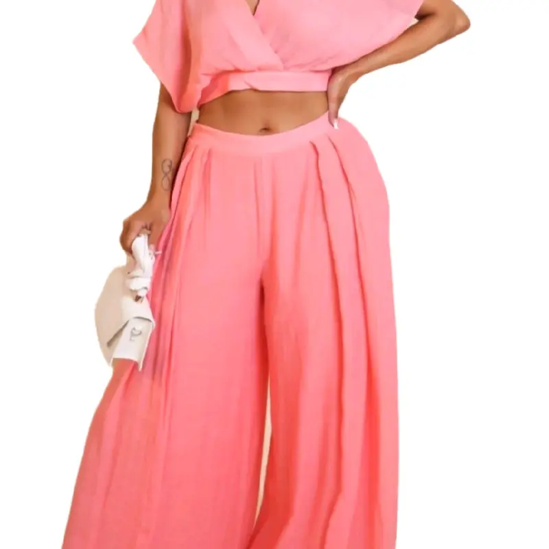 Breezy Vanesha Wide Leg Pant Set - Soft Pink Color, Wide Leg Design, Ideal for Womenswear, Versatile for Various Occasions - Clothes Cotton Crop Top 2pieceset women