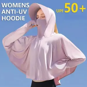 Women Sunscreen Hoodie UPF 50+ Summer Ice Silk UV Protection Breathable Long Sleeved Solid Color Thin Shirt Outdoor Daily Wear Activities Lightweight