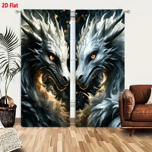 2D Flat 2-Pack Magical Dragon Themed Blackout Curtains, Feathered Dragons with White Silver Spiky Crests & Fur Textures, Heart-Shaped Faces, Glowing Amber Eyes, Dark Starry Background, Light Filtering Window Drapes for Bedroom Living Room Decor