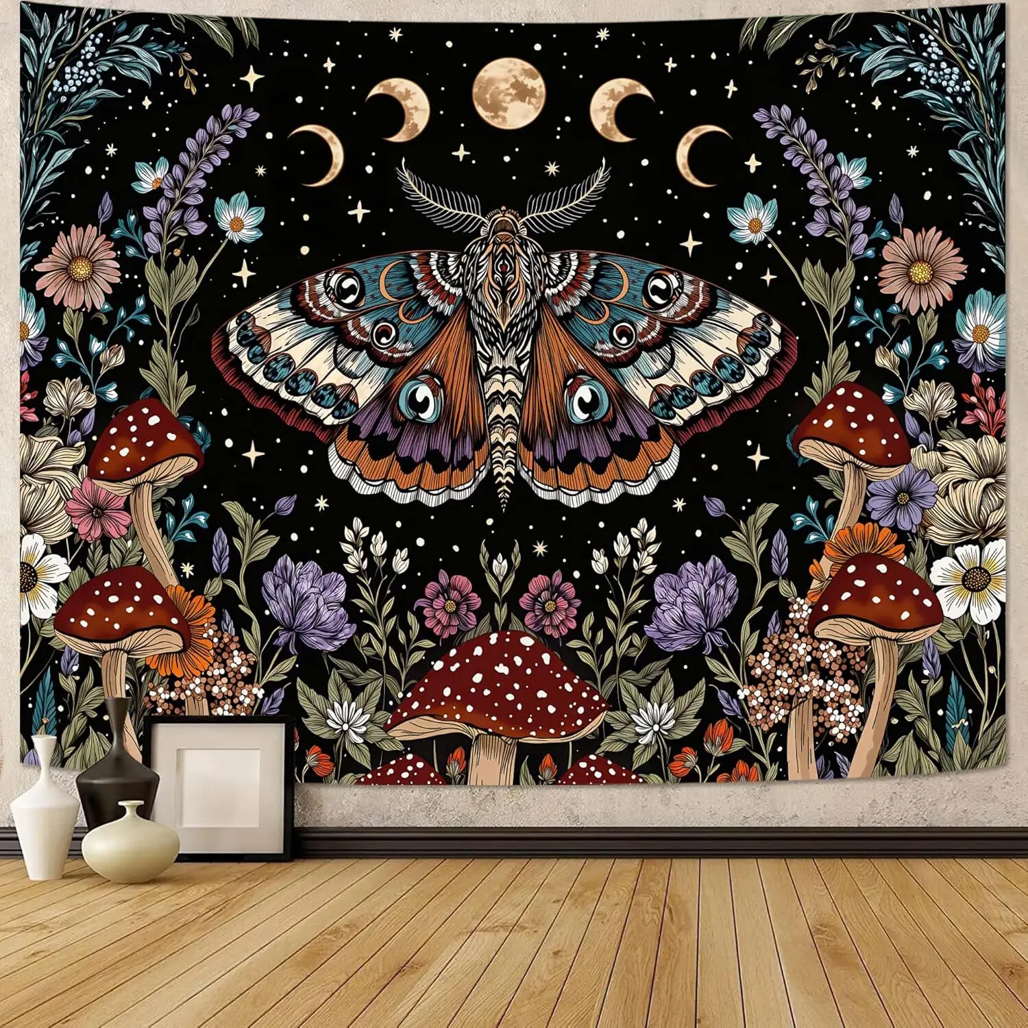 Neasow Hippie Witchy Moth Tapestry, Moon Mushroom Aesthetic Floral Wall Art, Mystic Moon Phase Decor for Living Room Bedroom Home, 44x60 inches