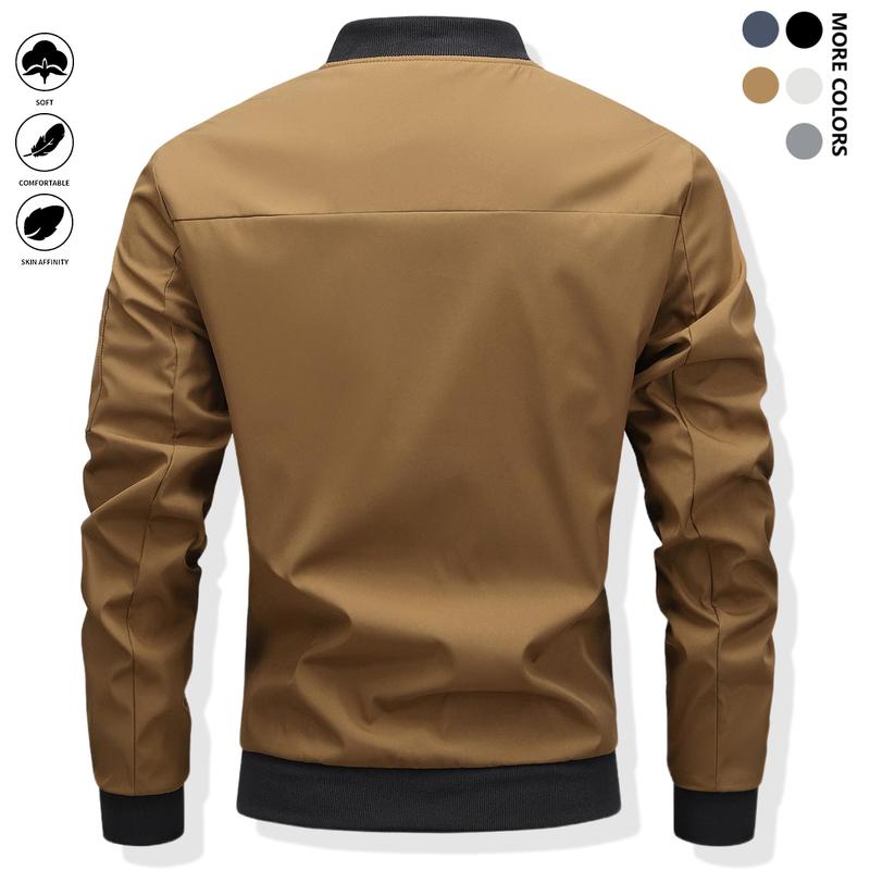 Men's lightweight casual jacket with sports slim fit zipper, stand collar, long sleeves, and zipper pockets, durable polyester fabric suitable for spring/autumn outdoor training, gym workouts, and casual wear, featuring a stylish minimalist design