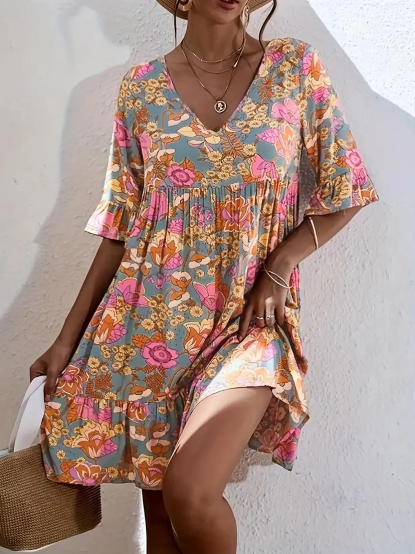 Boho Bohemian Casual Floral Print Ruffled Dress | V-Neck | Flutter Sleeve | Women Spring Summer Wear