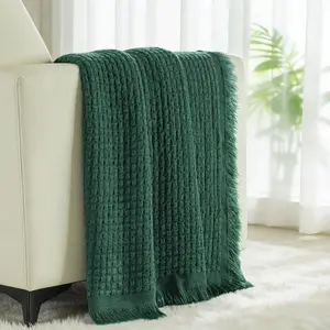 Knit Throw Blanket with Fringes for Couch, Reversible Super Soft and Warm Woven Boho Throw for  Season,  Decor, 50"x60", Forest Green