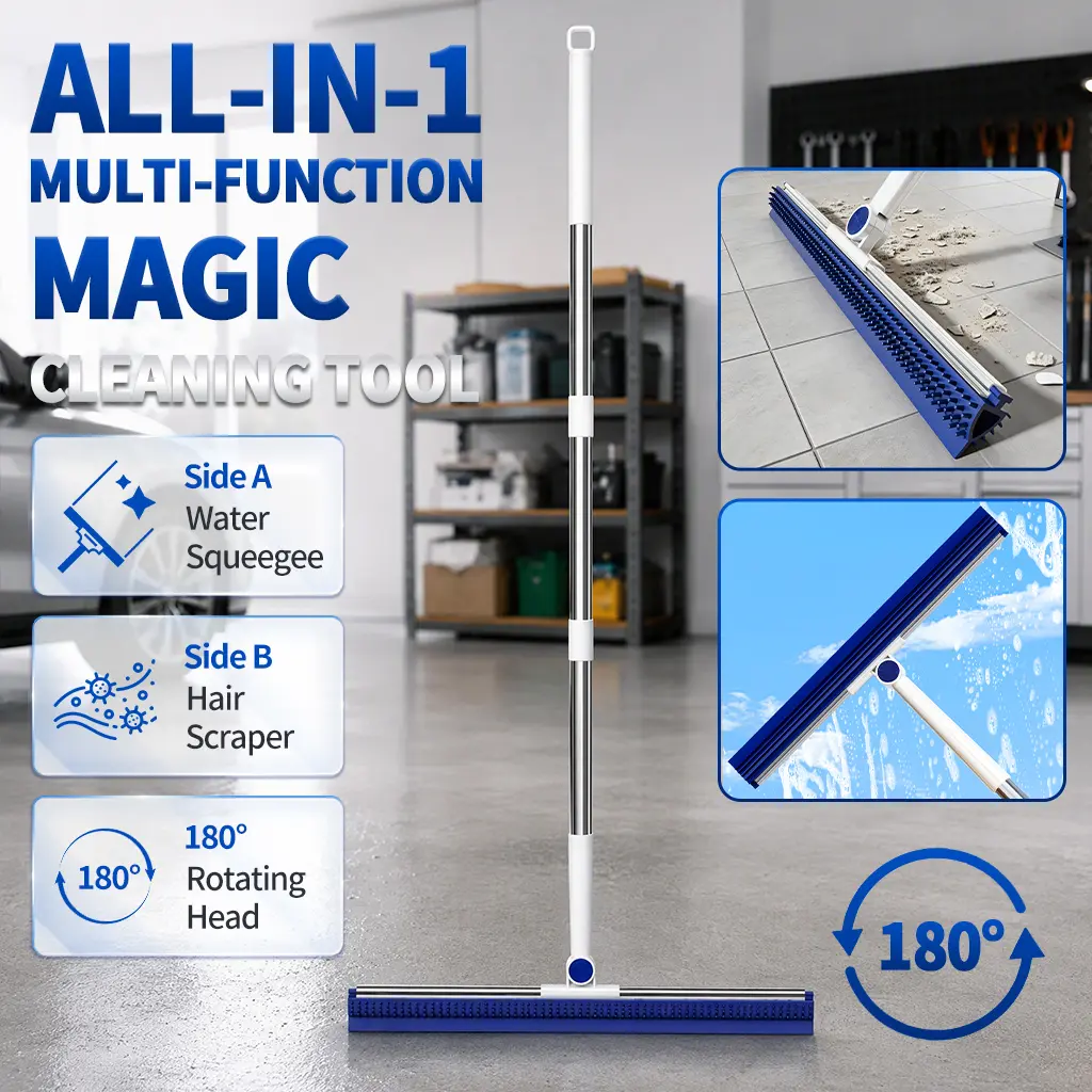 Upgraded Double‑Sided Magic Squeegee Broom, 180° Rotatable Extendable Stainless Steel Handle, Detachable Wet‑Dry Cleaning Wiper for Bathroom, Tile, Balcony, Pet Hair & Stain Removal