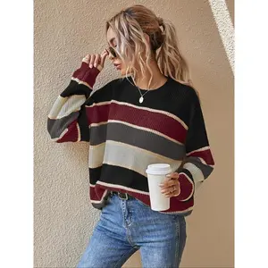 Lady's Plus Size Striped Patchwork Print Knit Sweater - Drop-Shoulder, Long Sleeve, Round Neck, Casual Comfortable Fabric Jumper, Fall Winter Sports Top, Everyday Wear (Gift Comes with Every Order)