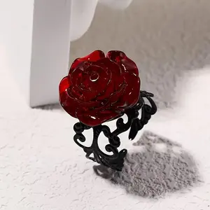 A Gothic Dark Red Rose Flower Adjustable Ring