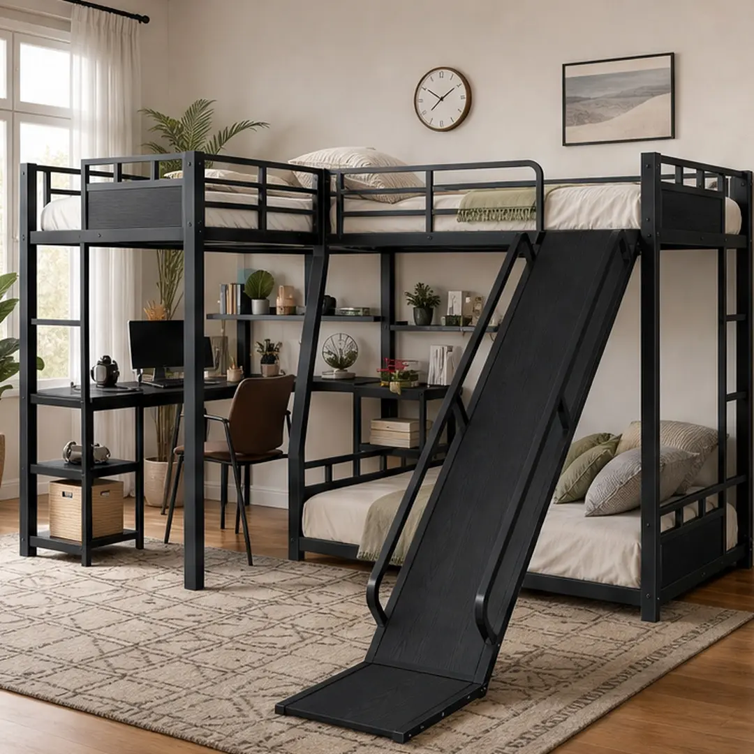 L-Shaped Metal Bunk Bed Triple Sleeper with Slide, Full/FullXL Top Queen Bottom, Twin XL Loft Bed with Desk and Storage Shelves, Space-Saving Quiet Design for Kids Bedroom, Black MDF Metal Frame, Black Color Options, MDF/Metal Material