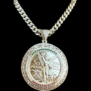 Mens 14K GP Mexican Flag 50 Pesos Centenario Pendant 24" 7mm Cuban Curb Necklace Choker Chain Unisex Fashion Jewelry