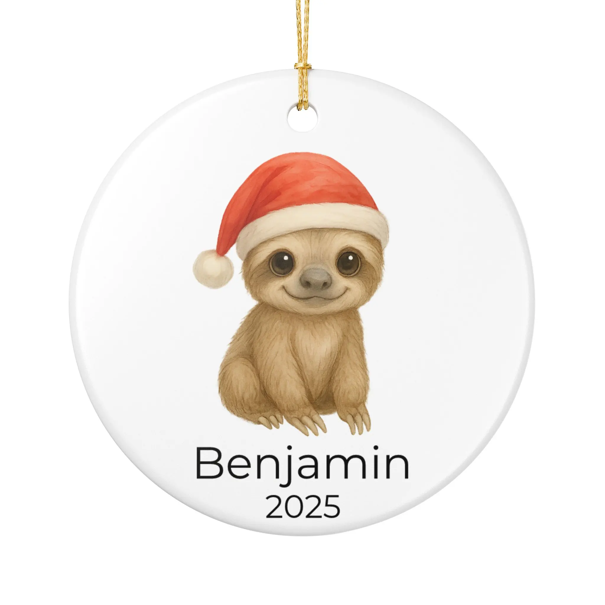 Baby Sloth Christmas Ornament - Cute Jungle Animal with Santa Hat - Personalized Name & Year - Holiday Gift for Kids / Sloth Lovers