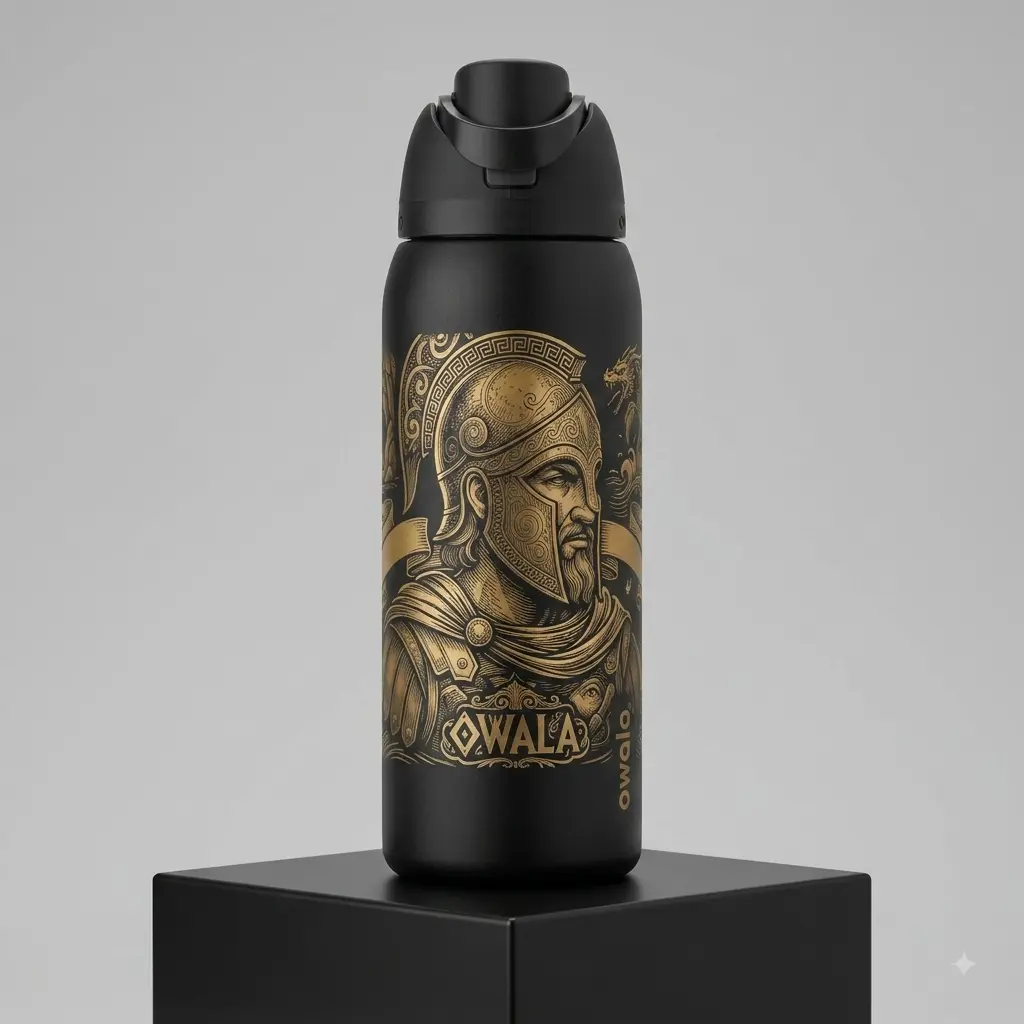 Owala The Odyssey 32oz Black Water Bottle with Gold Roman Soldier Design Reusable Insulated Travel Mug for Men and Women