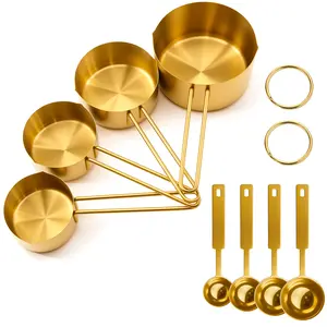 8 Pcs Stainless Steel Measuring Cup and Spoon Set,Stackable,Long Handle for Narrow Bottles,Premium Gold Kitchen Utensils for and Cooking,Halloween Christmas Party Gifts,Hand Tools Kits