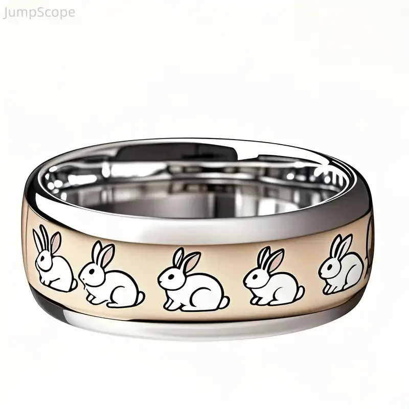 Stainless Steel Unisex Animal Engraved Bunny Ring - Simple Dome Band, Hypoallergenic Silver Stackable Jewelry, Minimalist Kawaii Accessory for Everyday Wear & Thoughtful Gifting (Indoor Recreation Use), Small, Bunny Engraved