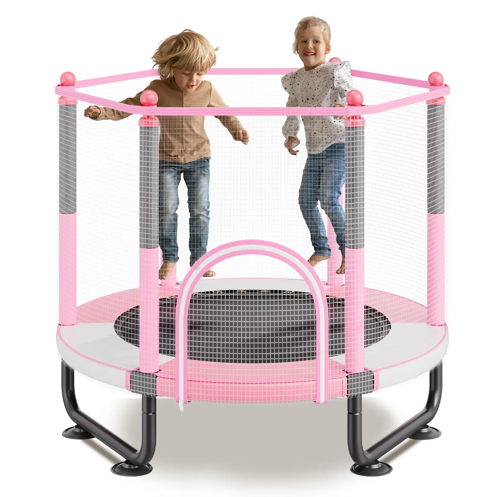 【SummerFinds】VEVOR 60" Kids Trampoline,  5FT Indoor Outdoor Trampoline, Mini Toddler Recreational Trampolinewith Safety Enclosure Net and Basketball Hoop, Birthday Gifts Christmas Toys for 3+ Years Children, Pink