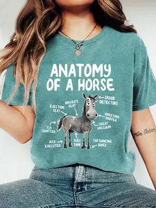 Women's Crew Neck T-Shirt, Funny Horse Anatomy Slogan Print, Multiple Colors Available, Machine Washable, Spring & Summer Top, Soft Skin-Friendly Fabric, Daily Versatile, Fashion Design