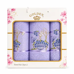 3-Piece Luxury Lavender Towel Set - Soft Absorbent Cotton with Floral Embroidery