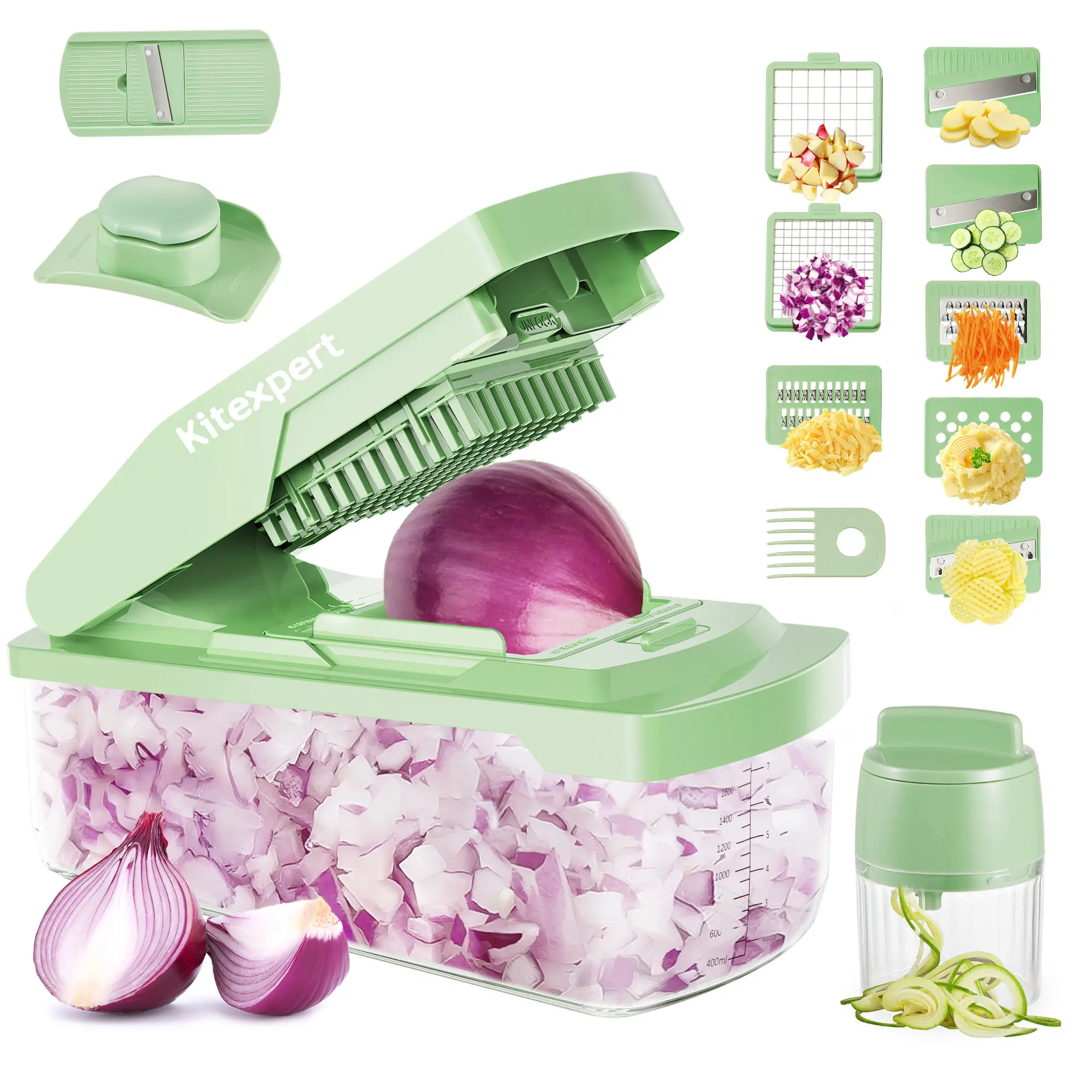 [Backtoschool]KitExpert New Veggie Chopper(Faster Mealprep&Cleaning), All in One Mandoline, Multifunctional Food/Vegetable Chopper, Onion Cutter, Cheese Grater, Nova
