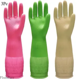 3/1 Pairs of Rubber Dishwashing Gloves for Kitchen and Household Cleaning - Long Cuff 15", , Flexible Long-lasting and Non-Slip (Red+Yellow+Green, X-Large)