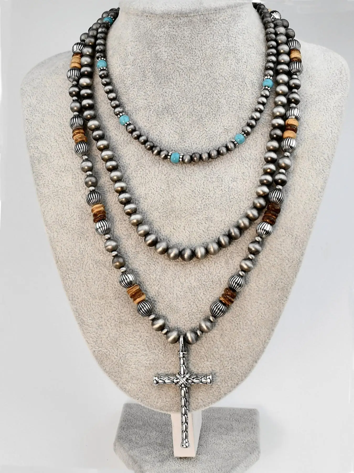 Vintage Turquoise Texture Cross Design Pendant Necklace, Unisex Boho Style Beaded Necklace, Statement Necklace, Jewelry for Women, Fashion Jewelry Acc