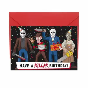 1 Horror Group Birthday Card: "Have A Killer Birthday!" – Iconic Slasher Crew Design, Festive Confetti/Gifts, Bold Dark Art. Premium Paper, Perfect for Horror Fans. Edgy, Playful Vibe to Turn B-Day Wishes Into a Spooky Celebration!