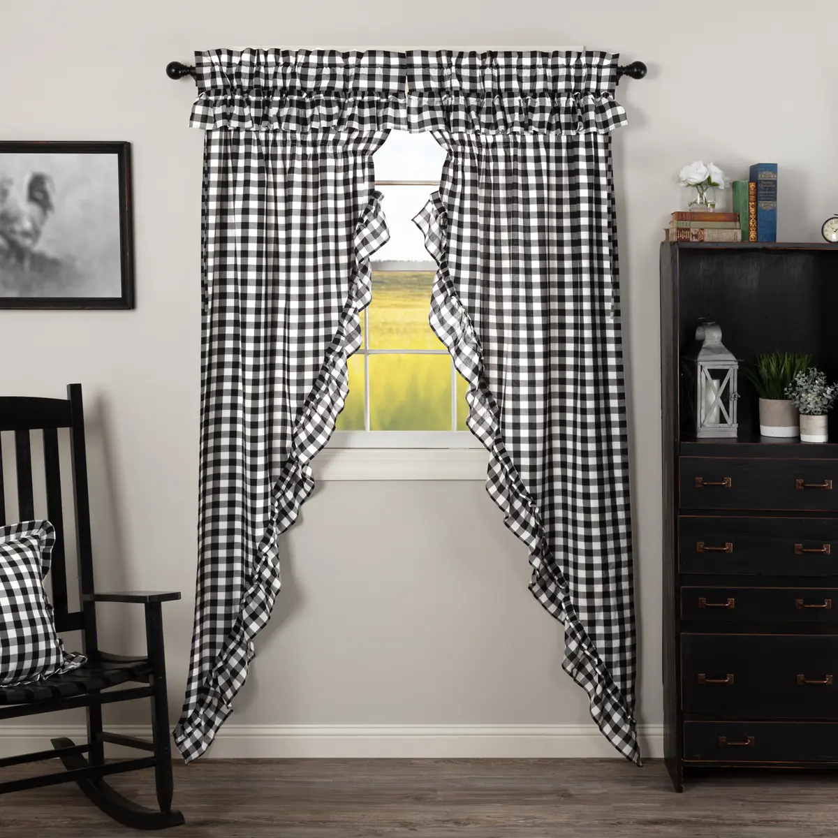 Sable Ann 100% Cotton Buffalo Large-Scale Check Curtain Panels, Ruffled Edge Rod Pocket Farmhouse Style Home Curtains with Drawstring Ties
