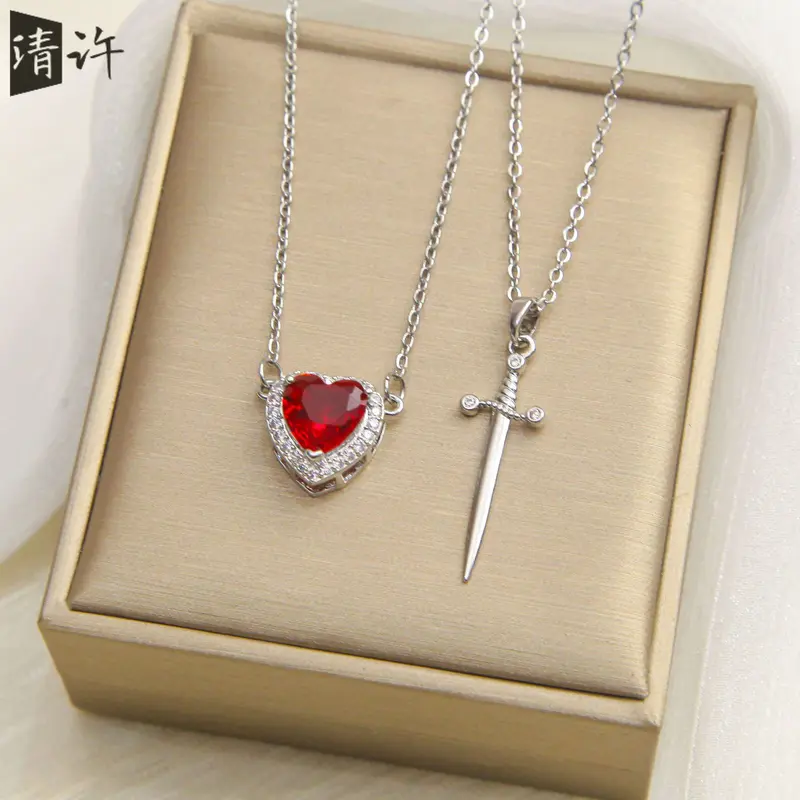 Women's Amour Heart Titanium Steel Zircon Stones Necklace - Unisex Sword-Arrow Design, Bright Red Zircon Pendant, Steel Chain, Valentine-Ready OL Fashion Jewelry for Women, Love Heart Accent Accessory Gift