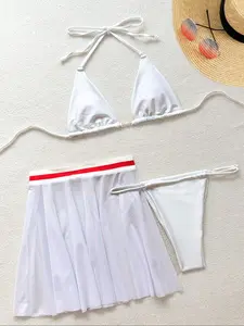 Three-Piece Set Women's Bikini Set, Ruched Bikini Set, Casual Bikini Top & Swim Bottom & Cover Up Skirt Set, Ladies Swimsuit for Beach Holiday Vacation Bikini Hipster