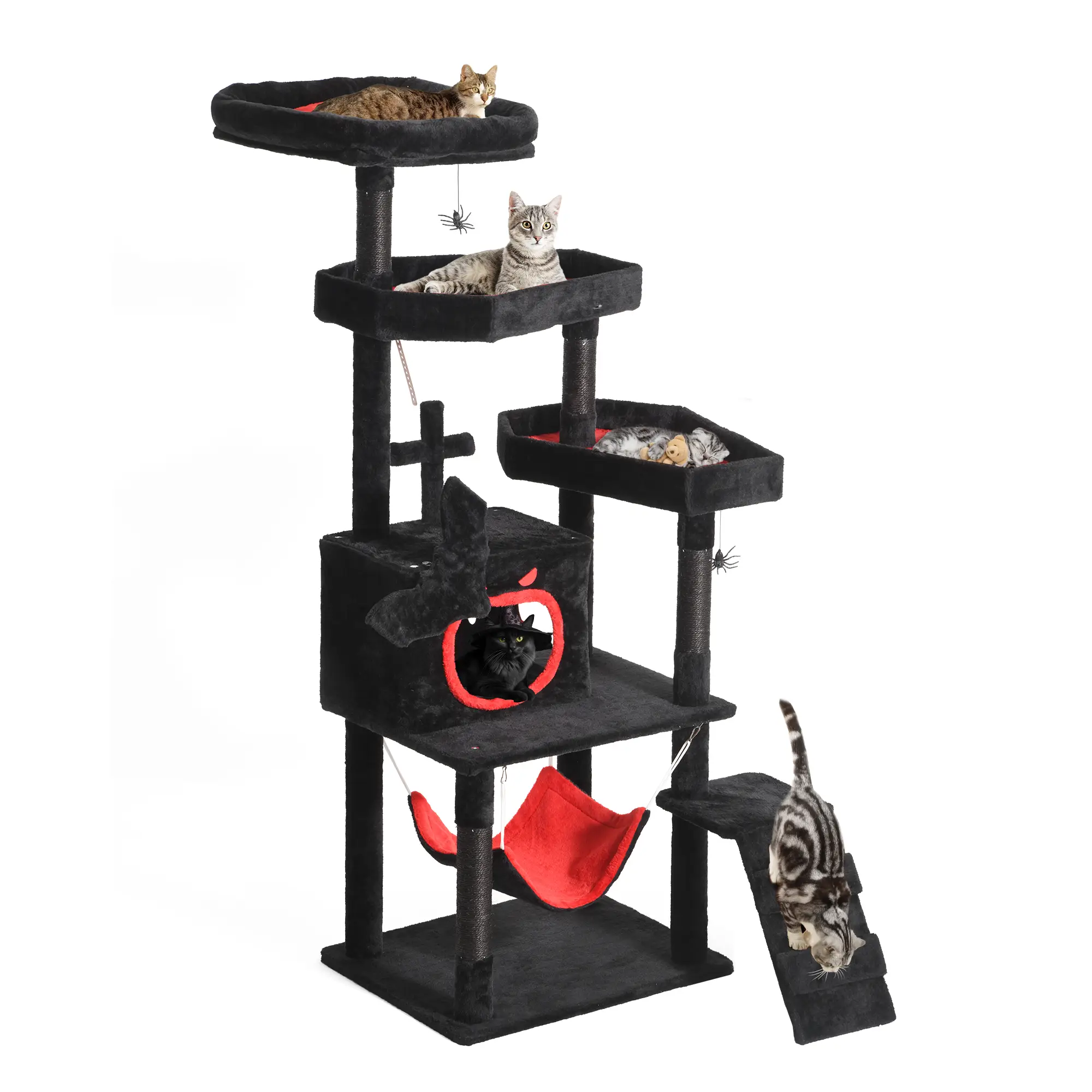 Yitahome Gothic Cat Tree with Coffin Bed, 63"/38.6" Tall Cat Tower for Cats with Top Perch, Spacious Cat Condos, Spider Hanging Balls,Comfy Hammock,