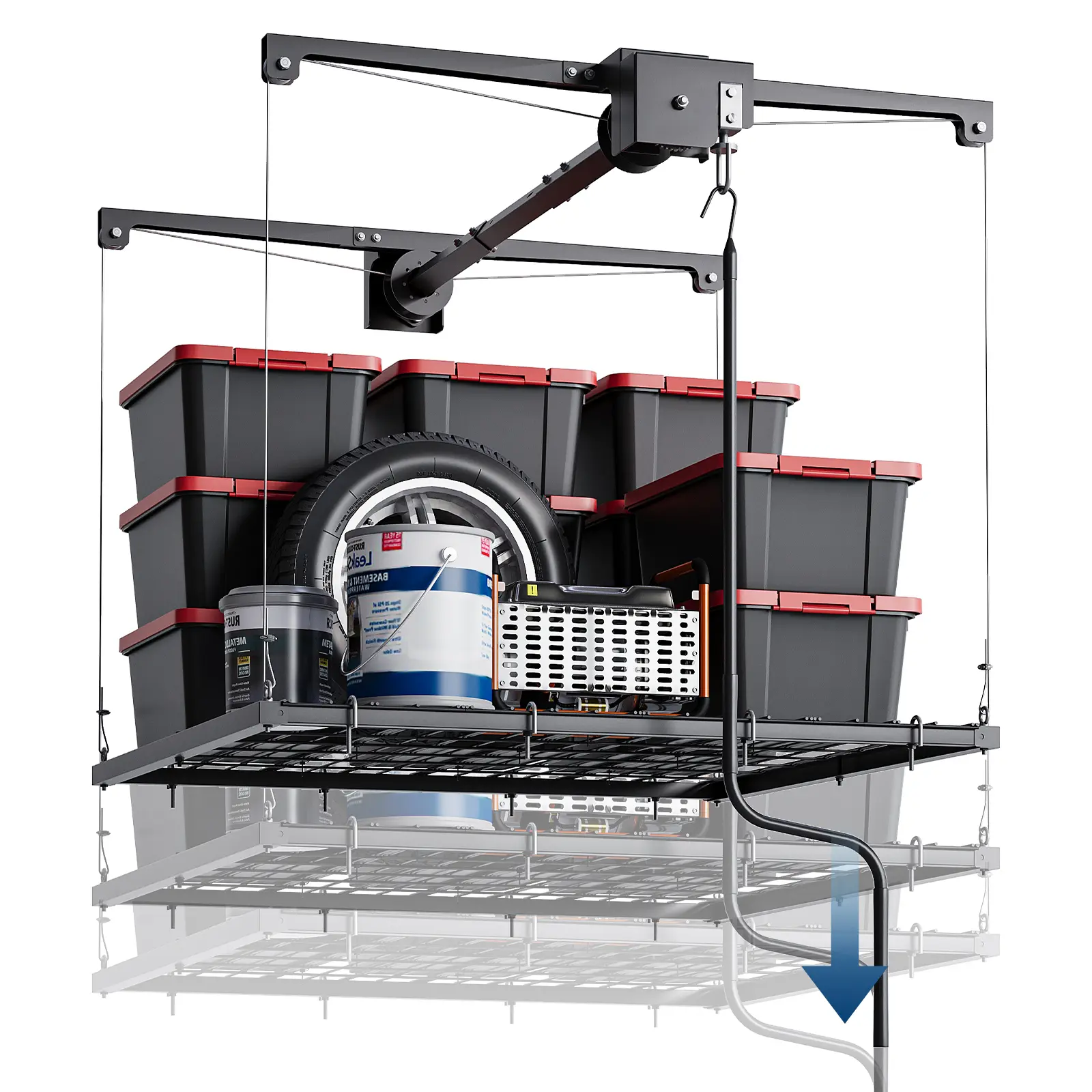 Overhead Garage Storage Rack 4×4 ft – 250 lb Capacity Ceiling Mount with Safety Auto-Lock – Heavy Duty Adjustable Organizer for Attic & Basement