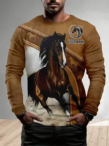 Men's Long Sleeve T-Shirt with Cartoon Horse Print, Casual Fitted Design, Comfortable 3D Printing, Perfect for Spring & Fall