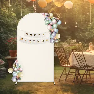 White Arched Garland Stand With Double-layer Beige Background Cloth, 7.3FT Party Gathering Decoration Garland Stand, Suitable For Yard, Garden, Wedding, Birthday Party And Other On-site Decoration, White,Balloon Accessories