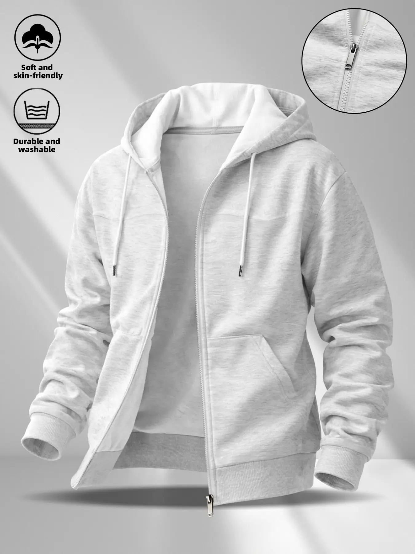 Men's Heavyweight Hooded Sweatshirt, High Stretch Ribbed Waistband, Metal Zipper, Vintage Distressed Texture, Oversized Loose Fit