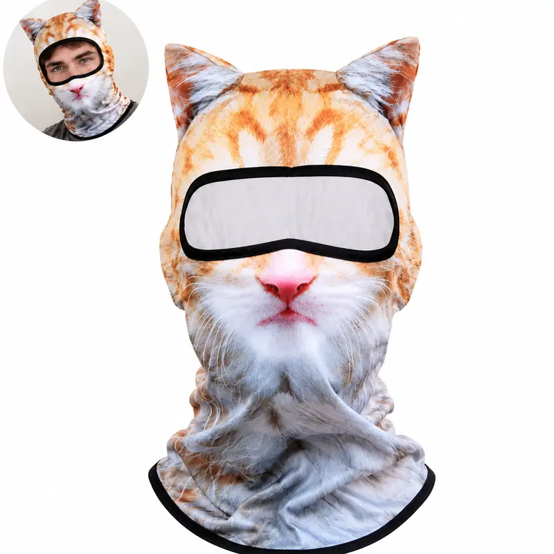 BIGWIG 3D Cat Ski Mask with Ears, All-Season Animal Head Outdoor Sports UV Protection Face Mask, Digitally Printed Mask, Cool Cat Face Cover, Suitable for Skiing, Music Festivals, Cycling, and Halloween