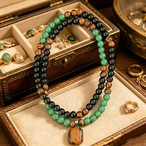 Money Attraction Necklace Set with Green Aventurine & Tiger Eye Pendant Healing Crystal Stone ,Matching Bracelet Wealth Abundance Crystal Jewelry Gift for Men Women