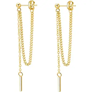 Solid Bar Minimalist Threader Chain Dangle Earrings for Women