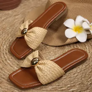 Women's Bow Flat Sandals Dressy Square Open Toe Slippers Comfortable Slip On Slide Sandal for Summer Casual Vacation Beach