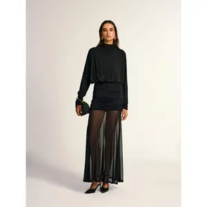 Turtleneck Long Sleeve Drape Ruched Mesh Dress